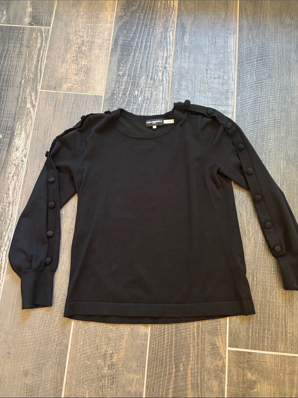 Karl Lagerfeld Black Crewneck Sweater with Button-Trim Sleeves